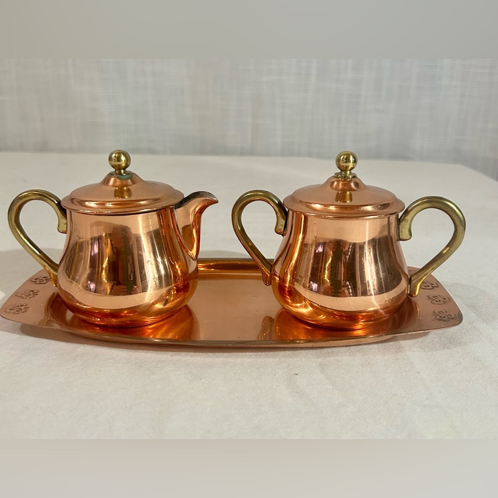 Vintage copper cream and sugar set with tray